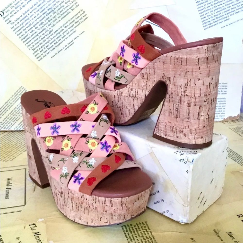 Free People Lisbon Platform Mules Sandal Embroidery Tan Multi Cork - Picture 3 of 10